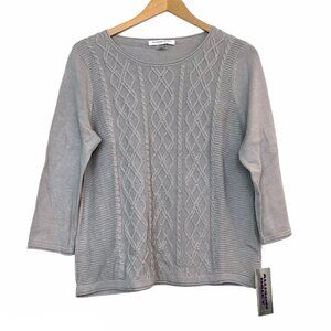 NEW NWT ALLISON DALEY Gray Grey Cable Knit 3/4 Sleeve Cotton Sweater PETITE - PS